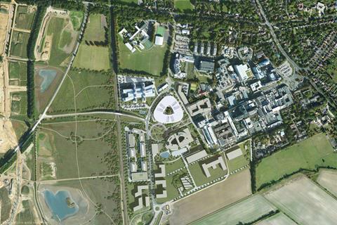 Aerial view of AstraZeneca's Cambridge HQ, designed by Herzog & de Meuron